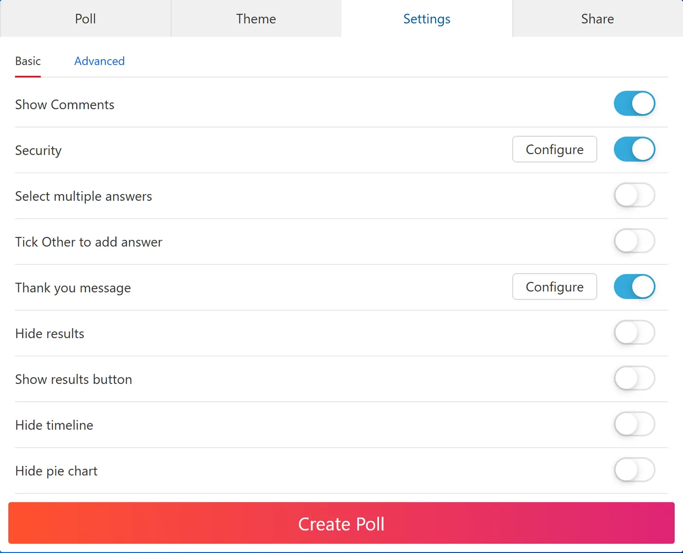The basic settings list showing comments, security, select multiple answers, tick other to add answer, thank you message, hide results, show results button, hide timeline and hide pie chart