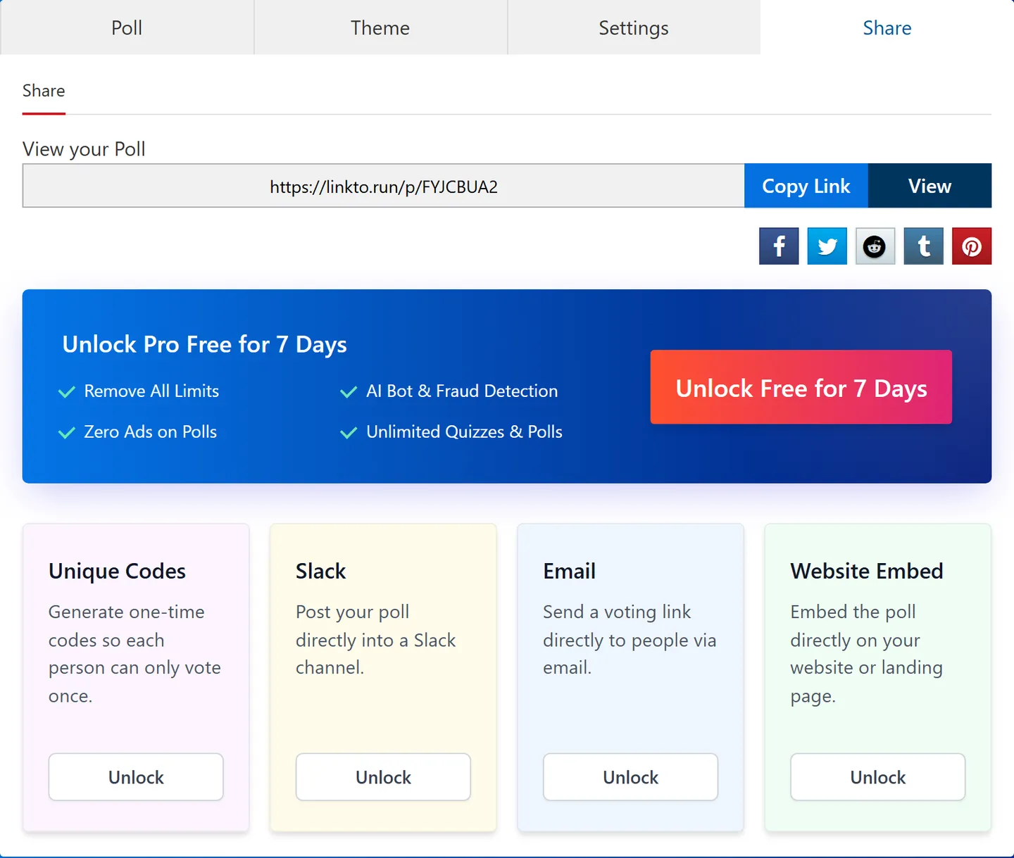 The Share tab showing the poll link with copy and view buttons, social buttons, and locked options for embed, email, unique codes and Slack