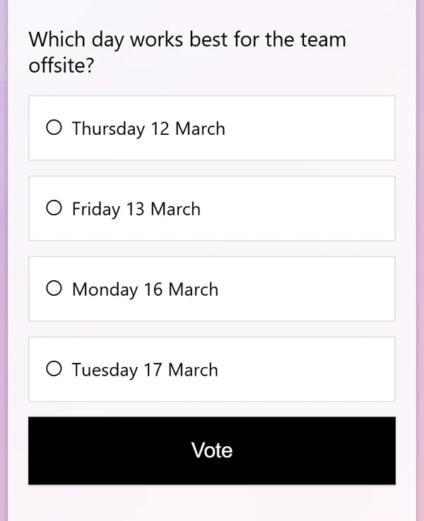 The poll as a voter sees it on a phone: the question, four tappable options and a vote button