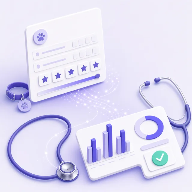 Veterinary survey questions shown as a client feedback form flowing into a clinic results dashboard