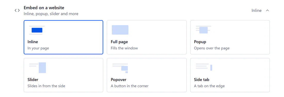 Embed picker offering Inline, Full page, Popup, Slider, Popover and Side tab display types