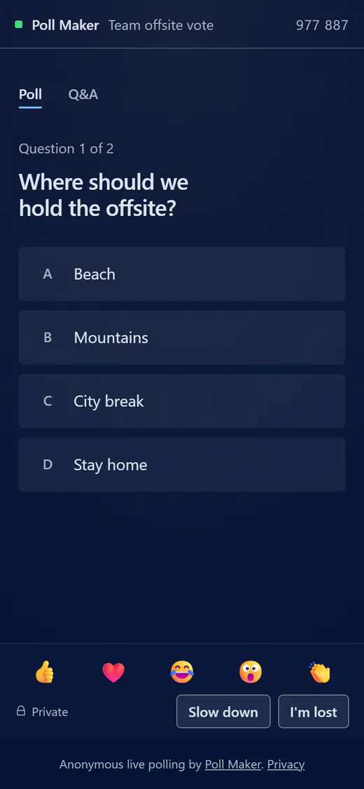 Phone screen asking where to hold the offsite with four tappable answers