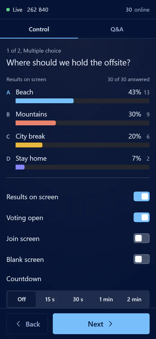Phone remote showing live results, voting and join screen switches, and Back and Next buttons