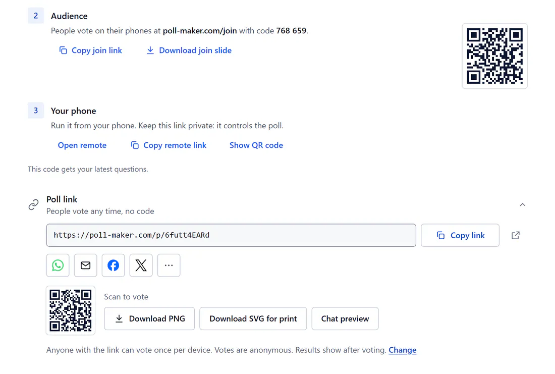 Share tab rows: audience join code and link, phone remote, and the poll link with QR