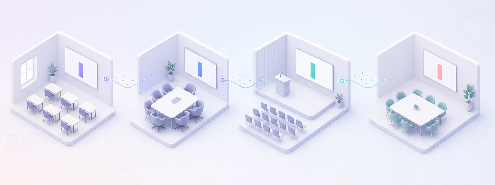 Four isometric rooms: a classroom, meeting table, event stage and workshop table, linked by a line