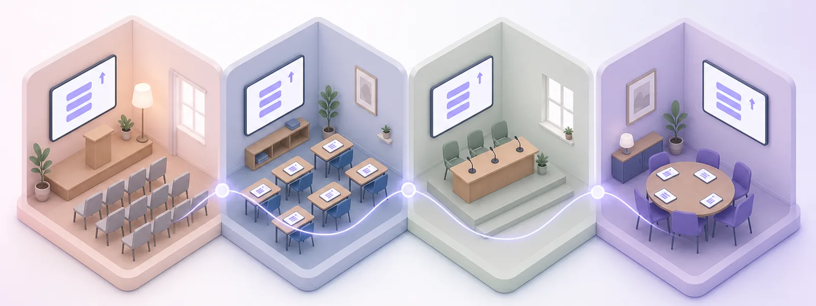 Live Q&A in four rooms: a town hall, a classroom, a conference panel and a team meeting, each with a ranked list of questions on its screen