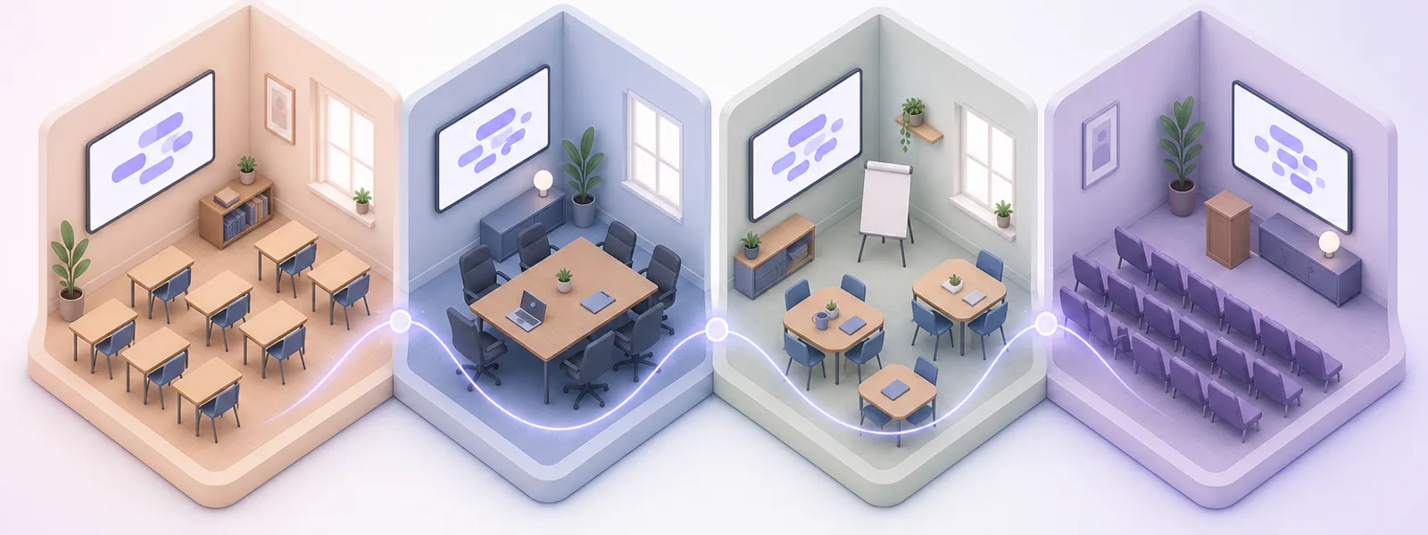 Live word clouds in four rooms: a classroom, a team meeting, a training workshop and a conference hall, each with a word cloud on its screen