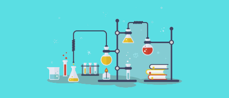 Researchers desk with beakers